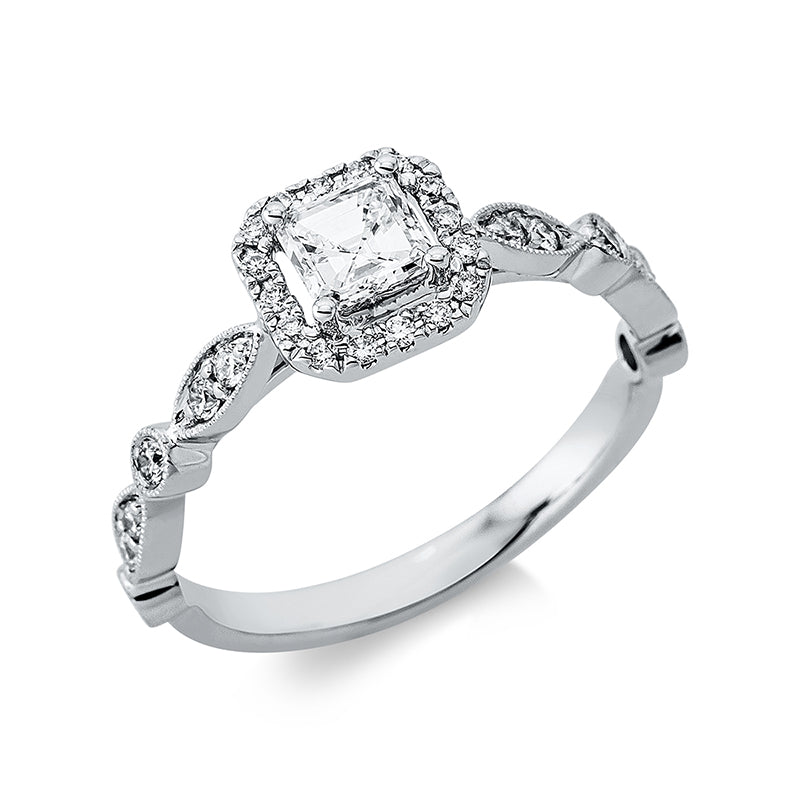 Ring 18 kt WG, 1 Assher 0,35 ct, TW-si, 28 Brill. 0,24 ct, TW-si