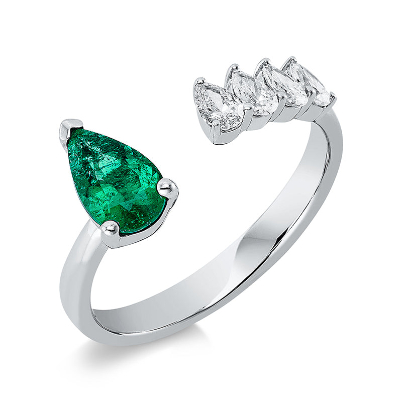 Ring 18 kt WG, 4 Tropfen 0,34 ct, TW-si, 1 Smaragd 0,57 ct grün