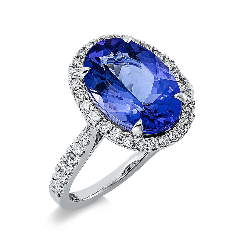 Ring 18 kt WG, 40 Brill. 0,43 ct, TW-si, 1 Tansanit 5,00 ct blau