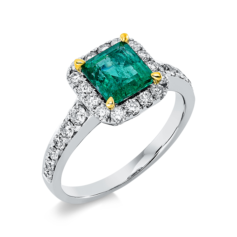 Ring 18 kt WG+GG, 28 Brill. 0,68 ct, TW-si, 1 Smaragd 1,38 ct grün