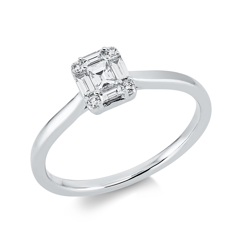 Ring 18 kt WG, 20 Brill. 0,21 ct, TW-si, 4 Trap. 0,13 ct, TW-si, 1 Bag. 0,09 ct, TW-vsi