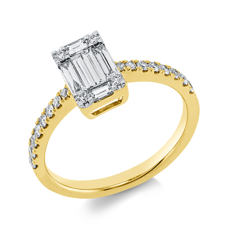 Ring 18 kt GG, Fassung rhodiniert, 6 Bag. 0,29 ct, TW-si, 20 Brill. 0,28 ct, TW-si