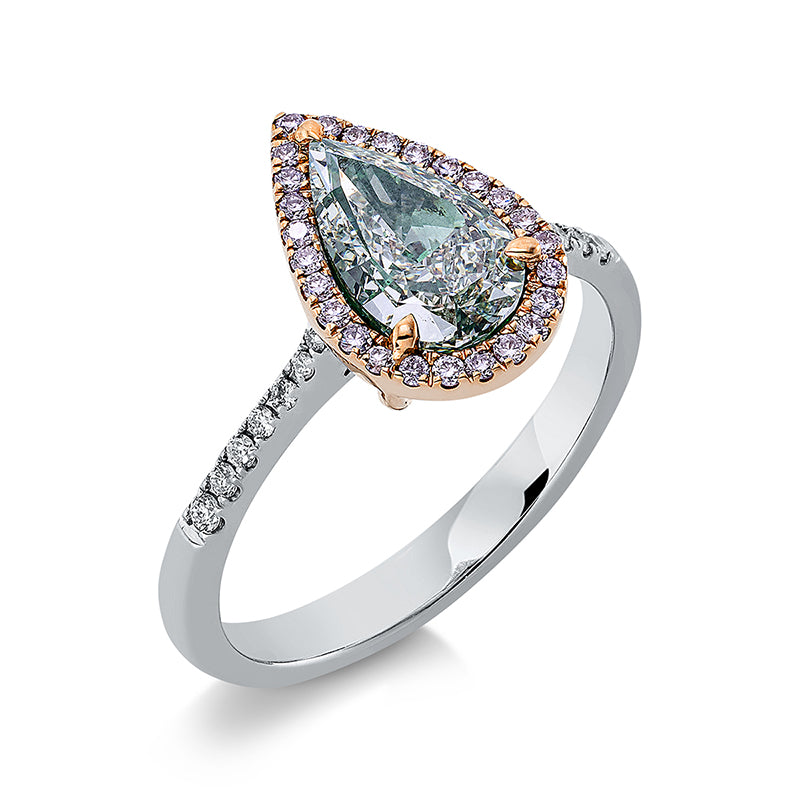Ring 18 kt WG+RG, GIA, 26 Brill. 0,12 ct, pink-vsi, 14 Brill. 0,08 ct, F-vsi, 1 Tropfen 1,28 ct, grün-si1