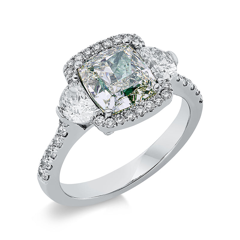 Ring 18 kt WG, GIA, 2 Halbmond 0,58 ct, TW-vvs/vs, 30 Brill. 0,32 ct, 1 Cus 2,48 ct, grün-vs2