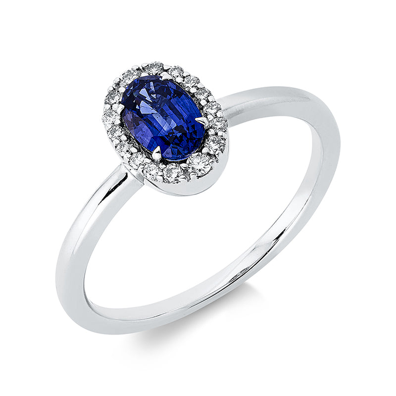Ring 18 kt WG, 16 Brill. 0,12 ct, W-si, 1 Saphir 0,69 ct blau