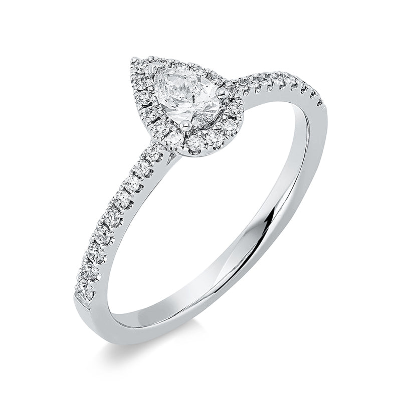 Ring 18 kt WG, 6 Brill. 0,06 ct, TW-si, 1 Tropfen 0,21 ct, E-vsi, 27 Brill. 0,14 ct, TW-si