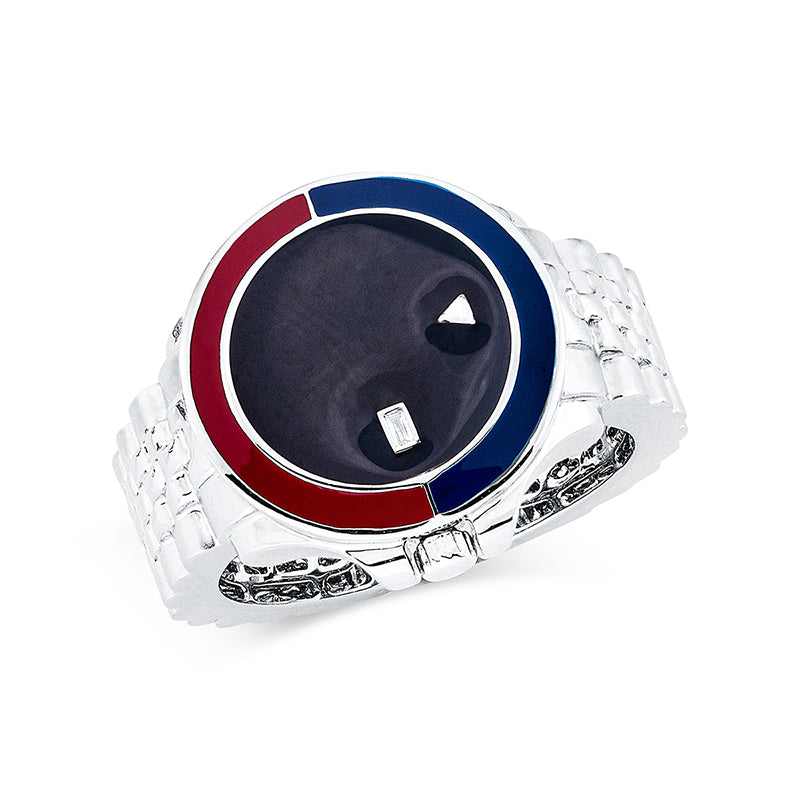 Ring 18 kt WG, mattiert, 1 Bag. 0,01 ct, TW-si, 1 Emaille 0,55 ct multicolor