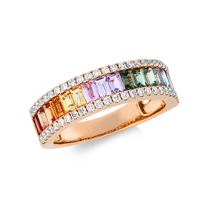 Ring 18 kt RG, 50 Brill. 0,34 ct, TW-si, 16 Saphire 1,60 ct fancy
