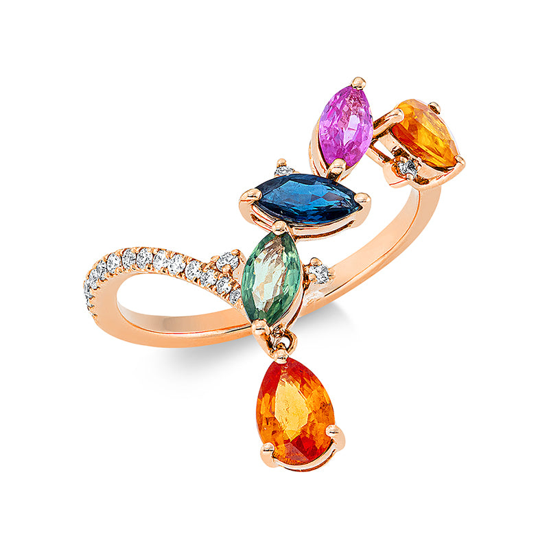Ring 18 kt RG, 18 Brill. 0,10 ct, TW-si, 3 Saphire 0,79 ct fancy, 2 Saphire 0,97 ct fancy