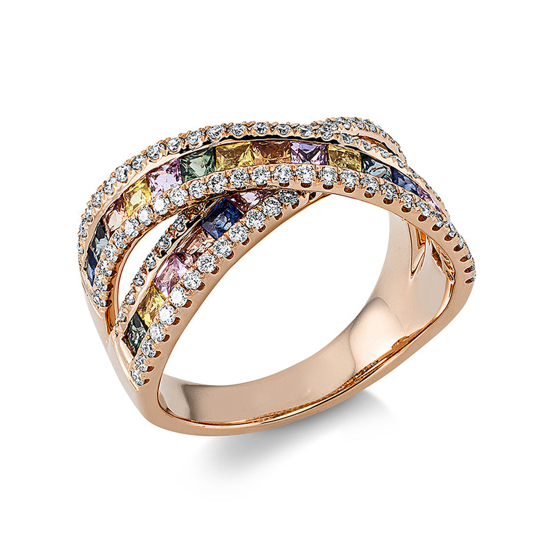 Ring 18 kt RG, 102 Brill. 0,55 ct, TW-si, 28 Saphire 1,78 ct fancy