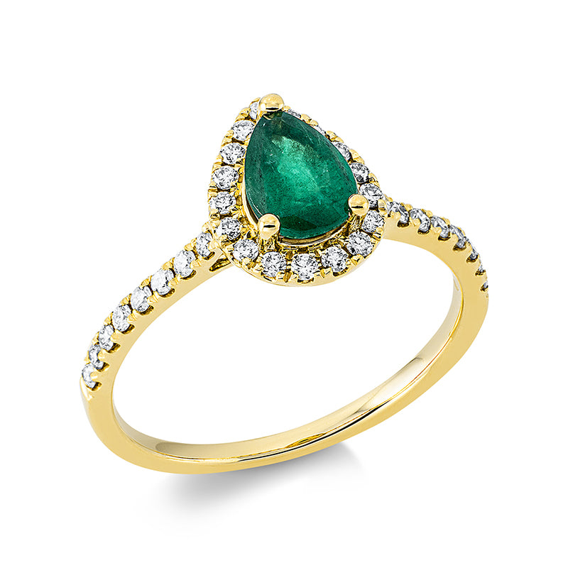Ring 18 kt GG, 33 Brill. 0,27 ct, TW-si, 1 Smaragd 0,66 ct grün