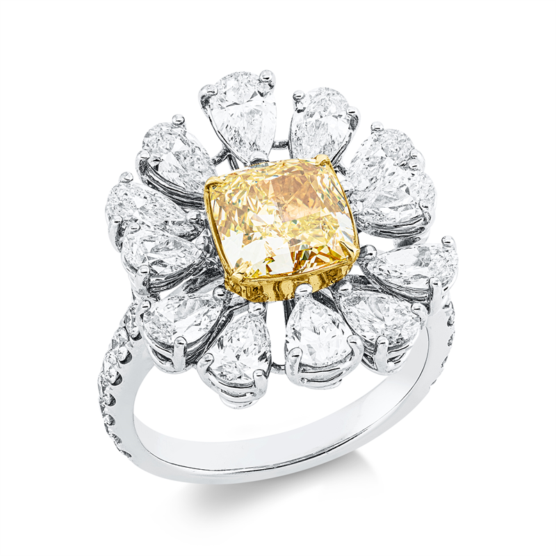 Ring 18 kt WG+GG,1 Cushion 2,12 ct, gelb-vs2, 12 Tropfen 2,33 ct, D/F-vsi, 16 Brill. 0,42 ct, D/F-vsi