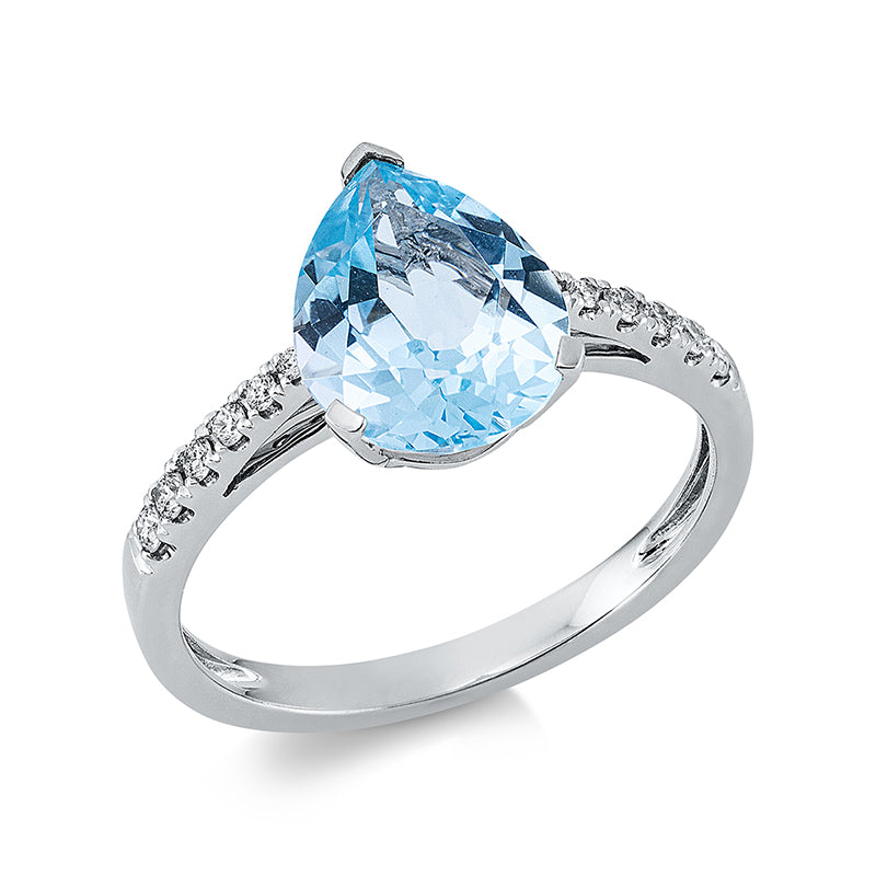 Ring 18 kt WG, 12 Brill. 0,14 ct, TW-si, 1 Topas 3,00 ct sky blue