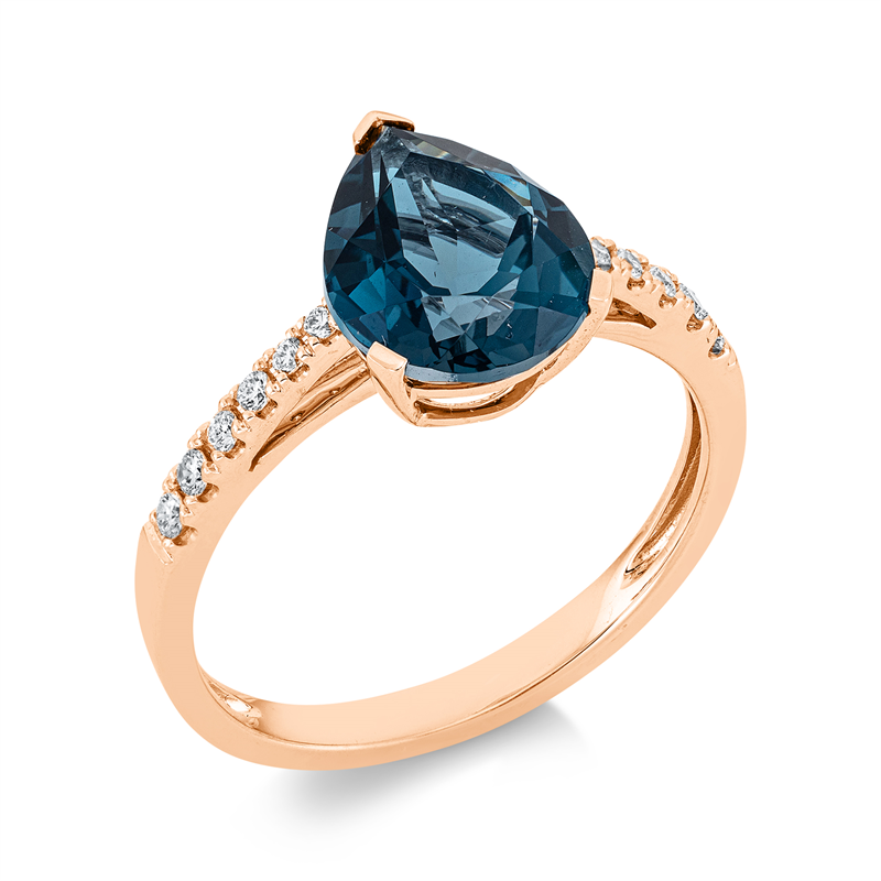 Ring 18 kt RG, 12 Brill. 0,14 ct, TW-si, 1 Topas 3,00 ct Lond. blue