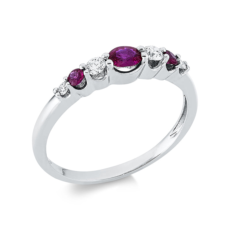 Ring 18 kt WG, 4 Brill. 0,12 ct, TW-si, 1 Rubin 0,19 ct rot, 2 Rubine 0,08 ct rot