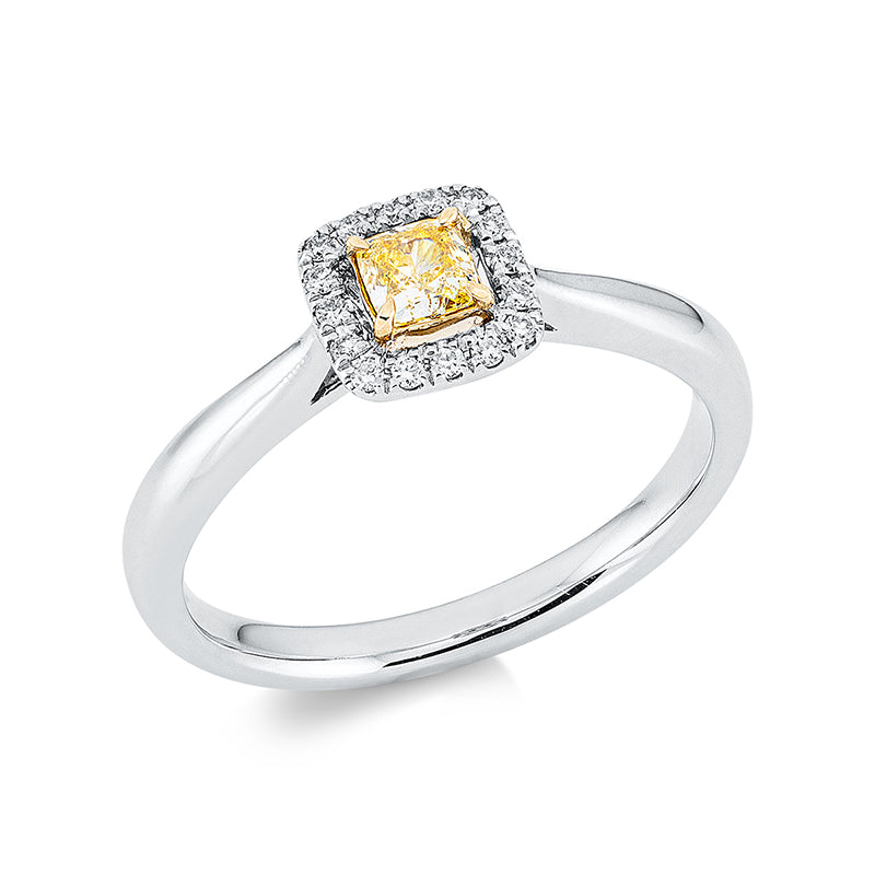 Ring 18 kt WG+GG, 16 Brill. 0,08 ct, TW-si, 1 Cushion 0,20 ct, gelb