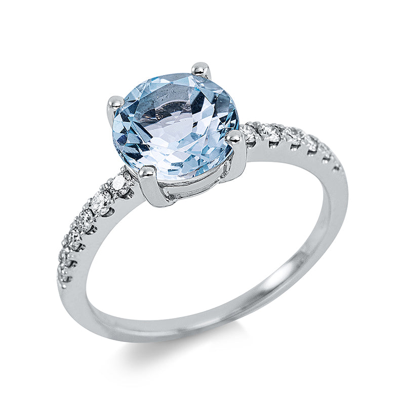 Ring 18 kt WG, 12 Brill. 0,19 ct, TW-si, 1 Topas 2,21 ct sky blue