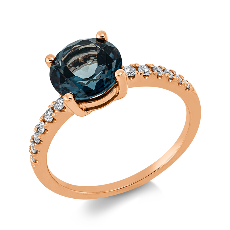 Ring 18 kt RG, 12 Brill. 0,20 ct, TW-si, 1 Topas 2,29 ct Lond. blue