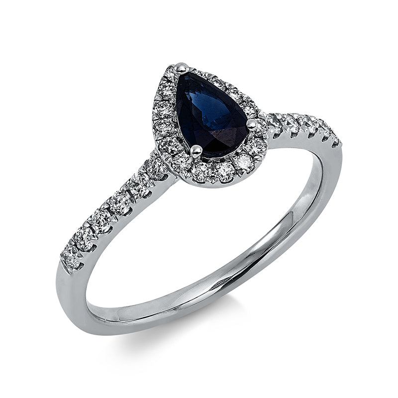 Ring 18 kt WG, 27 Brill. 0,30 ct, TW-si, 1 Saphir 0,49 ct blau