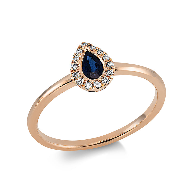 Ring 18 kt RG, 14 Brill. 0,06 ct, TW-si, 1 Saphir 0,19 ct blau