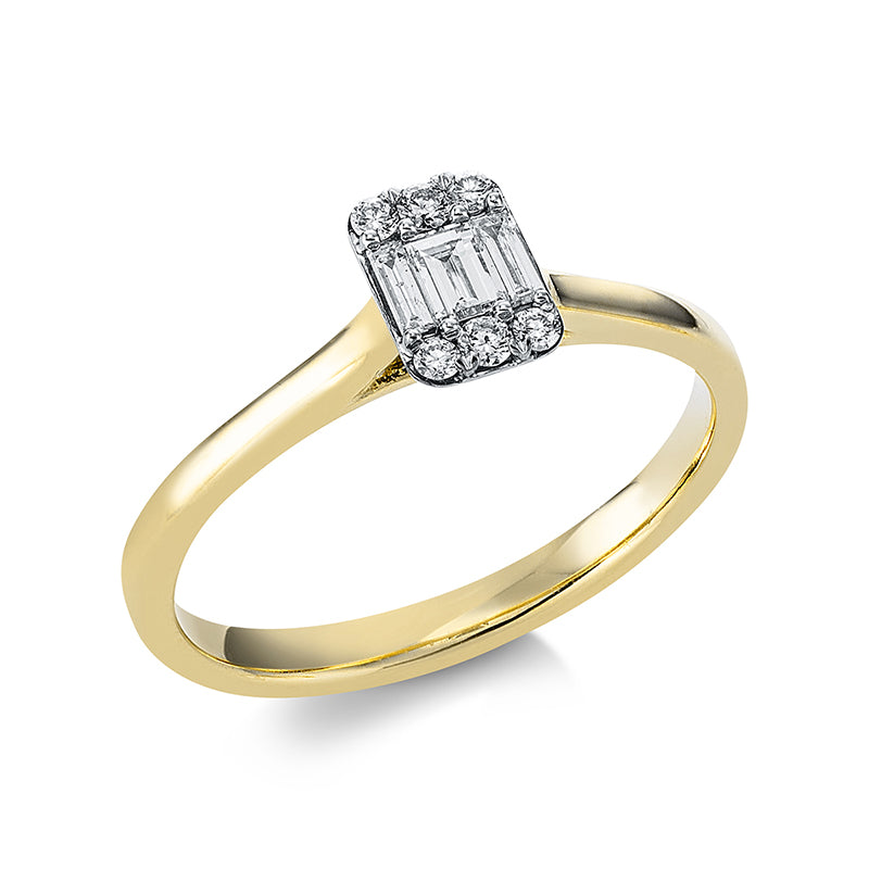 Ring 18 kt GG, Fassung rhodiniert, 3 Bag. 0,14 ct, F-vsi, 6 Brill. 0,08 ct, F-si