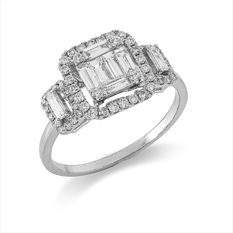 Ring 14 kt WG, 8 Bag. 0,45 ct, F-vsi, 56 Brill. 0,32 ct, F-si