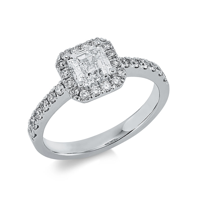 Ring 18 kt WG, GIA 3435968685, 1 Sm.schliff 0,90 ct, W-vs2, 28 Brill. 0,43 ct, TW-si