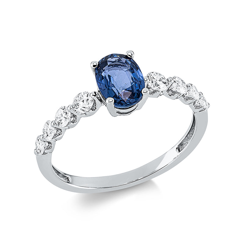 Ring 18 kt WG, 8 Brill. 0,42 ct, TW-si, 1 Saphir 1,14 ct