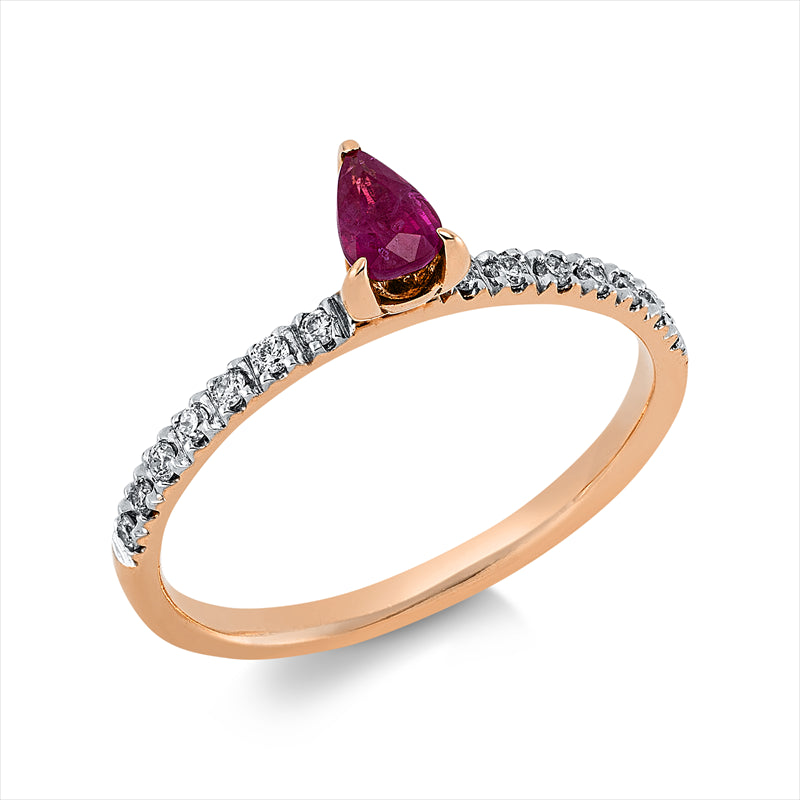 Ring 18 kt RG, Fassung rhodiniert, 14 Brill. 0,18 ct, F-si, 1 Rubin 0,47 ct rot