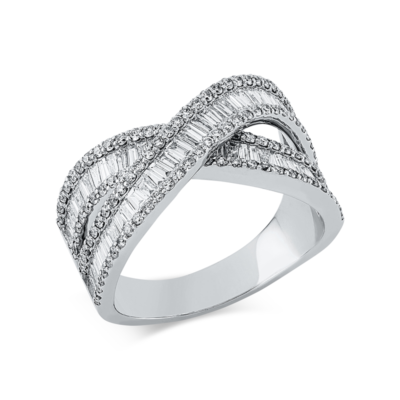 Ring 18 kt WG, 69 Trap. 1,09 ct, F-vsi, 120 Brill. 0,51 ct, F-si