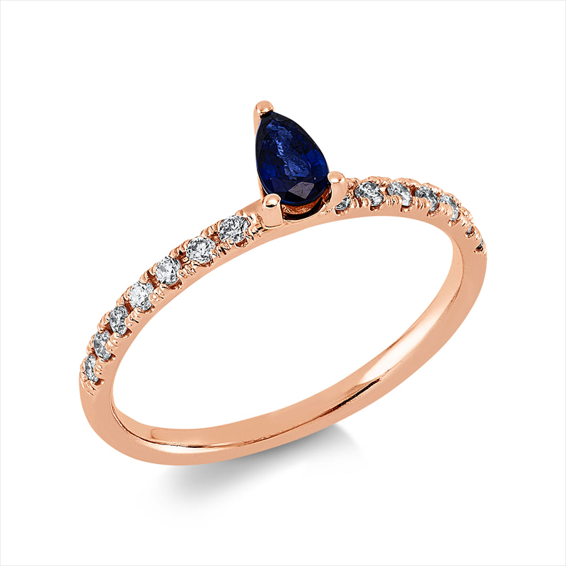 Ring 18 kt RG, Fassung rhodiniert, 14 Brill. 0,18 ct, F-si, 1 Saphir 0,26 ct blau