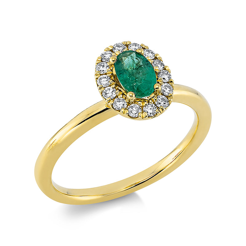 Ring 18 kt GG, 14 Brill. 0,20 ct, TW-si, 1 Smaragd 0,41 ct grün