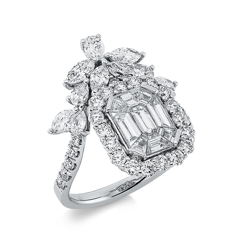 Ring 18 kt WG, 5 Tropfen 0,39 ct,4 Nav. 0,40 ct, 2 Nav.0,23 ct, 9 Trap. 0,89 ct,29 Brill. 0,82 ct, TW-si