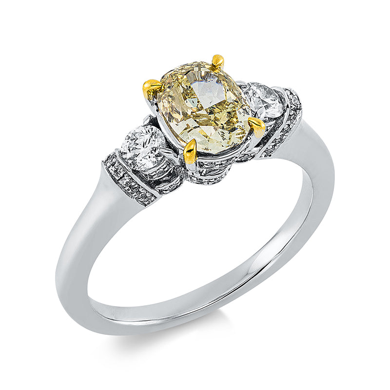 Ring 18 kt WG+GG, GIA 2146646023,1 Oval 1,05 ct, gelb-i1, 2 Brill. 0,22 ct, 40 Brill. 0,11 ct, TW-pi