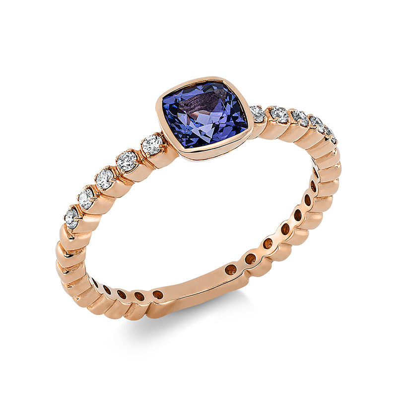 Ring 14 kt RG, 10 Brill. 0,12 ct, TW-si, 1 Tansanit 0,73 ct blau