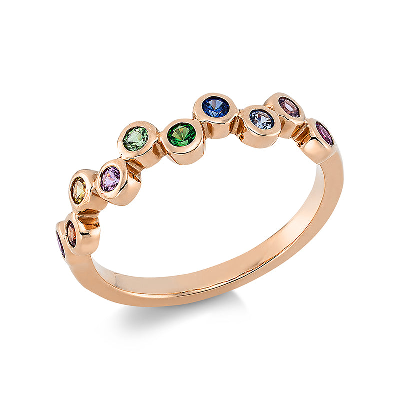 Ring 14 kt RG, 1 Rubin 0,05 ct rot, 7 Saphire 0,30 ct multicolor, 2 Tsavorith 0,08 ct grün