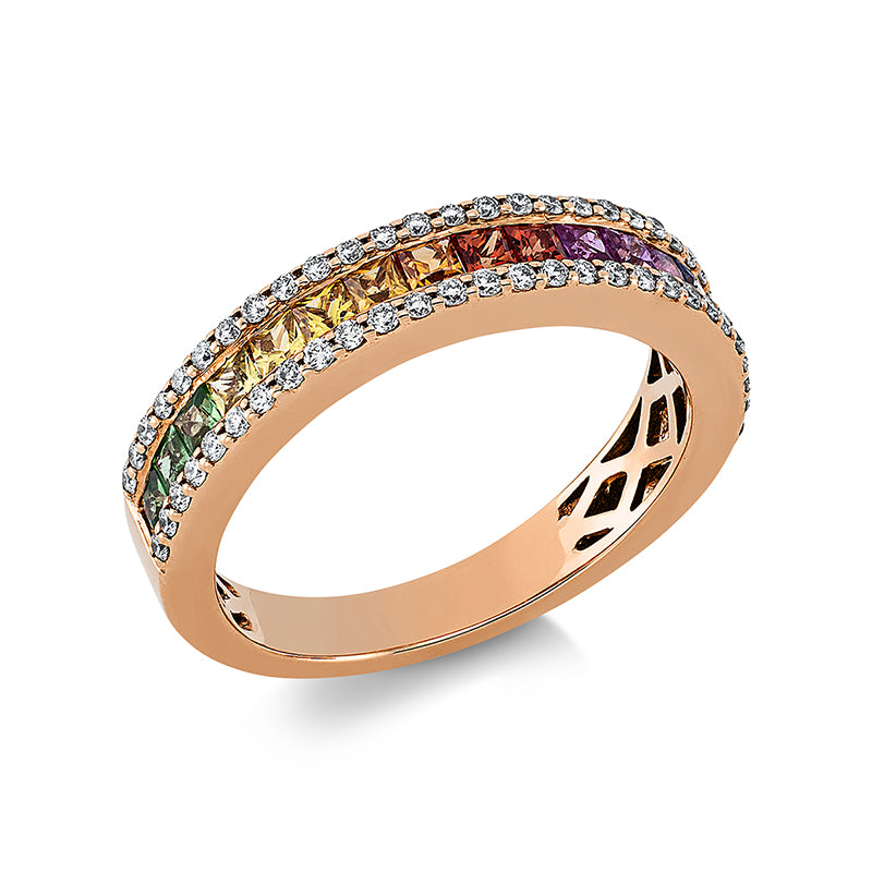 Ring 18 kt RG, 56 Brill. 0,30 ct, W-si, 17 Saphire 0,85 ct fancy