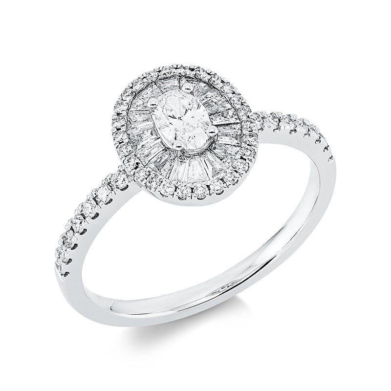 Ring 18 kt WG, 16 Trap. 0,25 ct, TW-si, 1 Oval 0,20 ct, TW-si, 40 Brill. 0,21 ct, TW-si