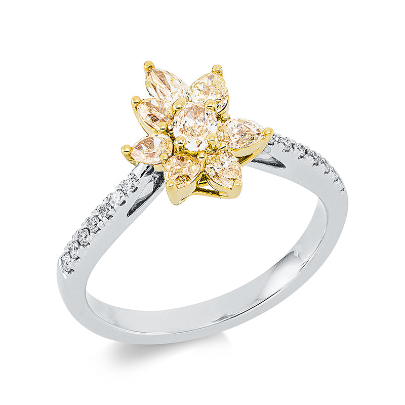 Ring 18 kt WG+GG, 14 Brill. 0,09 ct, TW-si, 8 Fant-Schl. 0,78 ct, gelb