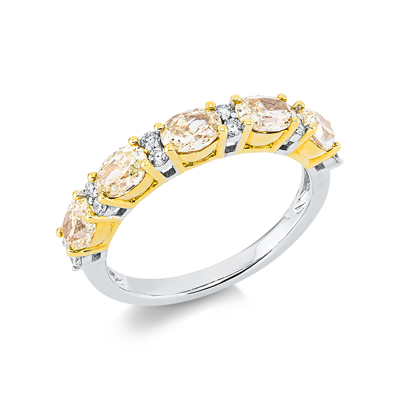 Ring 18 kt WG+GG, 12 Brill. 0,17 ct, TW-si, 5 Oval 1,50 ct, gelb