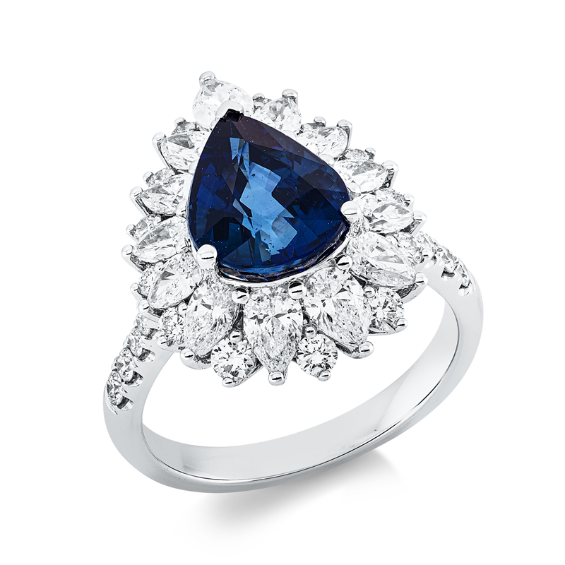 Ring 18 kt WG, 13 Tropfen 1,42 ct, TW-si, 23 Brill. 0,48 ct, TW-si, 1 Saphir 4,09 ct blau