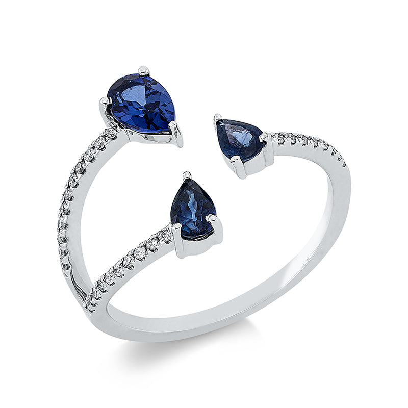 Ring 18 kt WG, 30 Brill.0,12 ct, TW-pi, 1 Saphir 0,33 ct blau, 1 Saphir 0,54 ct blau, 1 Saphir 0,17ct blau