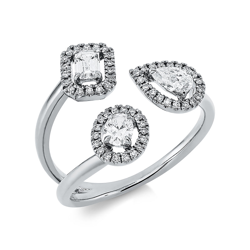 Ring 18 kt WG, 1 Oval 0,15 ct, 1 Tropfen 0,14 ct, 1 Sm.schliff 0,15 ct, 55 Brill. 0,11 ct, TW-si
