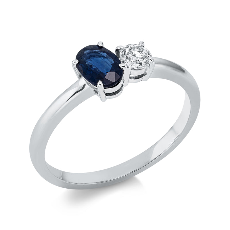 Ring 18 kt WG, 1 Brill. 0,19 ct, W-si, 1 Saphir 0,56 ct blau
