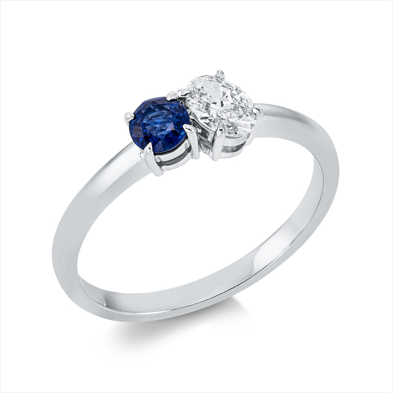 Ring 18 kt WG, 1 Oval 0,31 ct, TW-si, 1 Saphir 0,33 ct blau