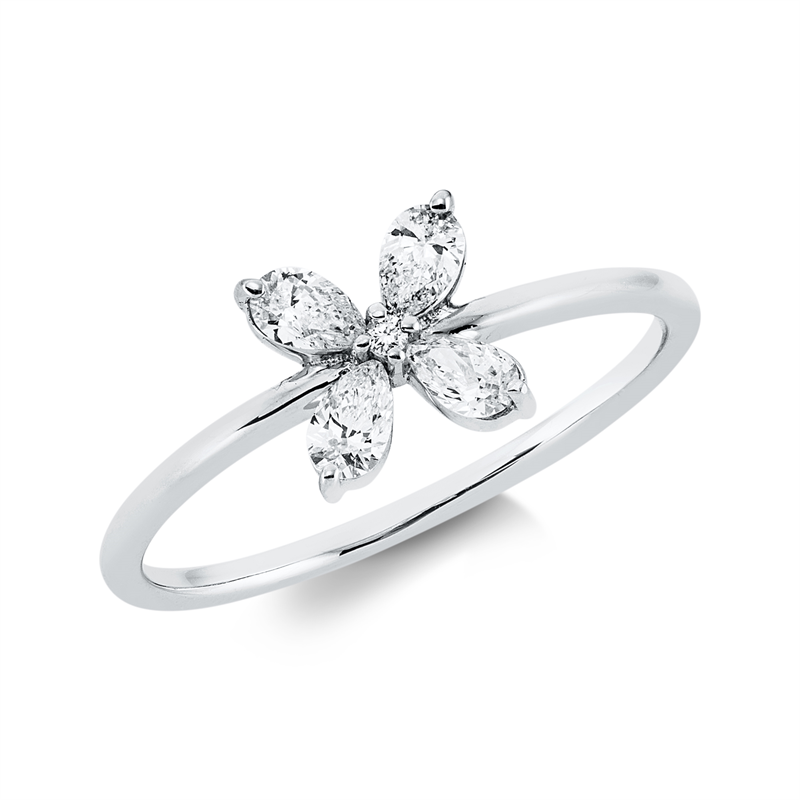 Ring 18 kt WG, 4 Tropfen 0,30 ct, TW-vsi, 1 Brill. 0,01 ct, TW-si