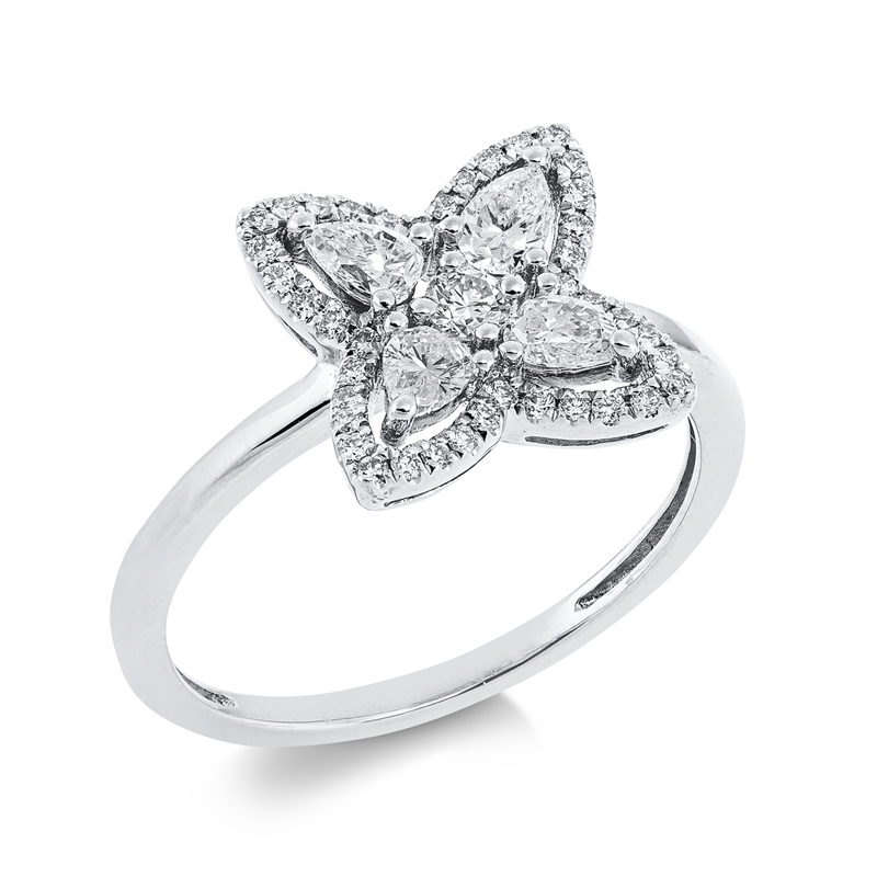 Ring 18 kt WG, 4 Tropfen 0,38 ct, TW-vsi, 41 Brill. 0,21 ct, TW-si