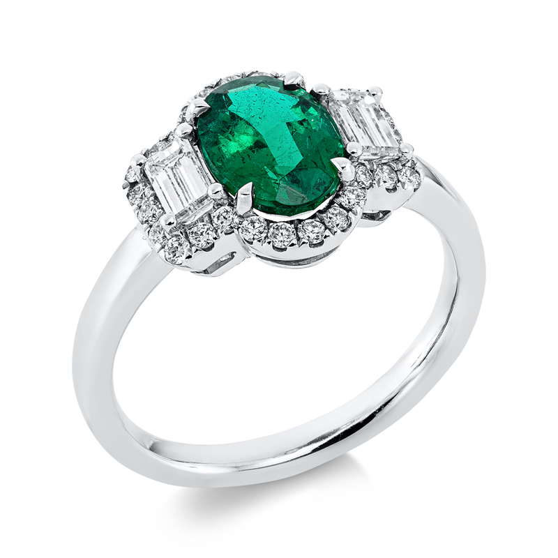 Ring 18 kt WG, GRS2019-003788, 2 Bag. 0,41 ct, 28 Brill. 0,24 ct, TW-vsi, 1 Smaragd 1,42 ct grün