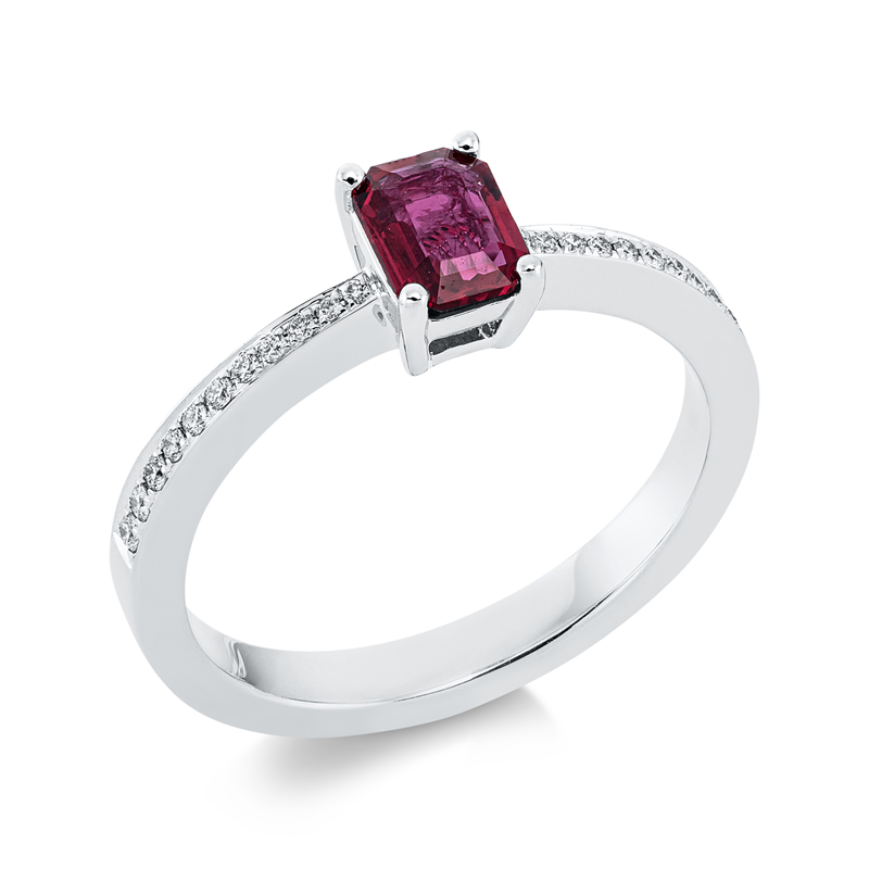 Ring 18 kt WG, 22 Brill. 0,10 ct, TW-vsi, 1 Rubin 0,52 ct rot