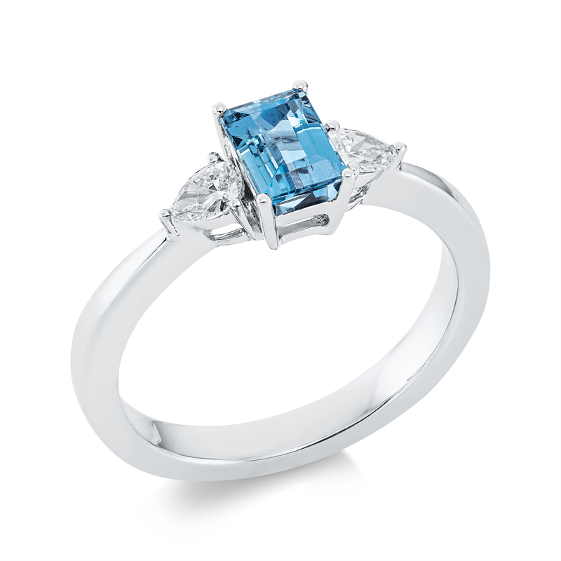Ring 18 kt WG, 2 Tropfen 0,22 ct, TW-vsi, 1 Aquamarin 0,86 ct blau